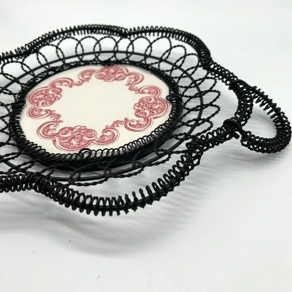 Vtg French English Cottage Ceramic Plate & Black Wire‎ Basket Red White Antique?